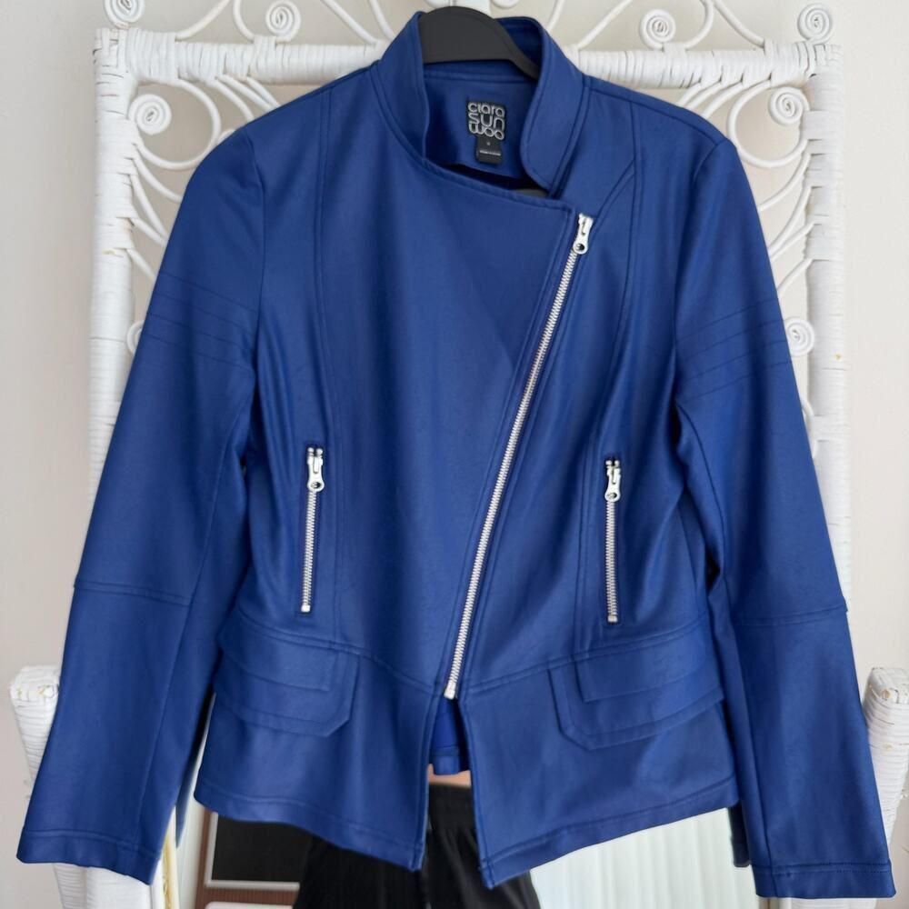 Clara Sun woo Liquid Leather Jacket Womens Small Blue Signature Zip Hem Moto